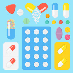 Set of icons pills and capsules. Medicament concept. Tablets in blisters: painkillers, antibiotics, vitamins and aspirin. Pharmacy and drug symbols.  Flat vector illustration.