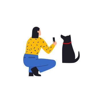 Woman taking a photo of her dog. Woman squatting and picturing her dog with phone camera. Flat vector isolated illustration