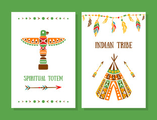 Spiritual Totem, Indian Tribe Cards Collection, Boho Style Template Can be Used for Banner, Flyer, Placard Vector Illustration