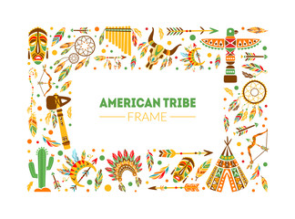 American Tribe Frame, Native Ethnic Symbols Border Template with Space for Text Vector Illustration
