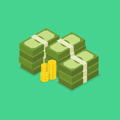 Big stacked dollar pile of cash and gold coins. Hundreds of dollars. Vector isometric illustration.