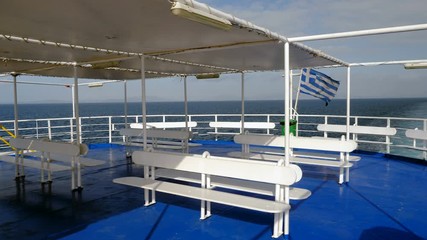 Empty deck of the ferry sailing the Mediterranean sea. Greece. 4K