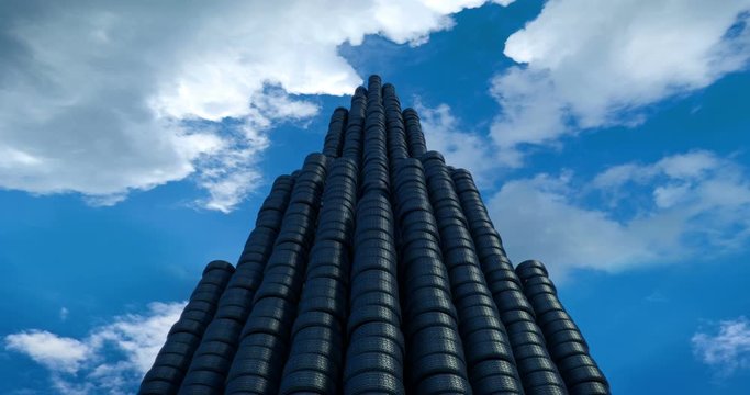 Used car tyres reaching the sky, 3D animation