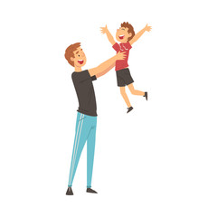 Dad Holding Smiling Son on His Hands, Father and Child Having Good Time Together, Happy Family Cartoon Vector Illustration