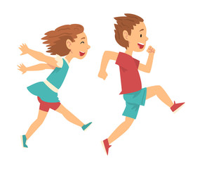 Smiling Boy and Girl Running Together, Happy Kids Having Fun Cartoon Vector Illustration