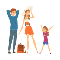 Happy Family Travelling Together, Mother, Father and Daughter Going on Summer Vacation, Adventures, Active Recreation Vector Illustration