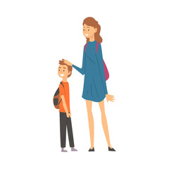 Mother and Son Travelling Together, Mother, Happy Family Going on Summer Vacation Vector Illustration