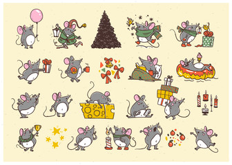 Vector Merry Christmas set of hand drawn happy mice characters isolated. Mouse & cheese, coffee, air balloon, celebrate, jump, carry gifts, fir tree. Stickers, emoticons, congratulation card, present.