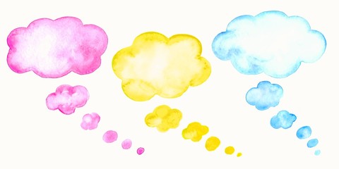 Set of watercolor colorful speech bubbles or conversation clouds.