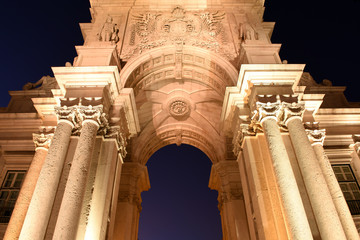 close up view to Rua Augusta Arch next to the Pra&ccedil;a do Com&eacute;rcio (Commerce square) in Lisbon night view, Portugal