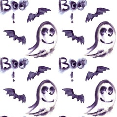 Halloween seamless pattern with halloween ghost and bat. Cute naive watercolor
