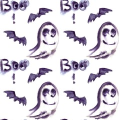 Halloween seamless pattern with halloween ghost and bat. Cute naive watercolor
