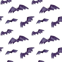 Halloween seamless pattern with halloween bat. Cute naive watercolor