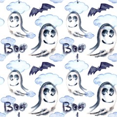 Halloween seamless pattern with halloween ghost and bat. Cute naive watercolor