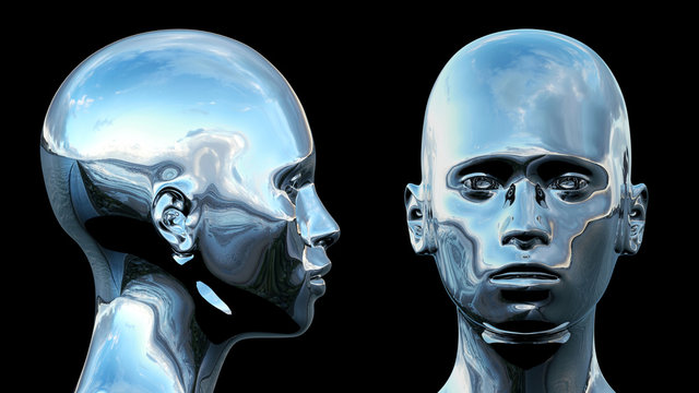 Silver Chrome Cyborg Head 3D Render
