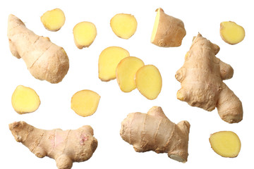 sliced ginger isolated on white background top view