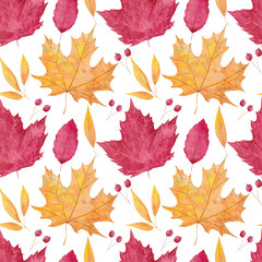 Seamless pattern with watercolor autumn leaves. Hand drawn background with red and golden maple leaves and berries.  