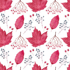 Seamless pattern with watercolor autumn leaves. Hand drawn background with red leaves and berries.  