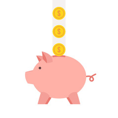 Piggy bank with coin. Saving or accumulation of money, investment concept. Flat vector illustration.