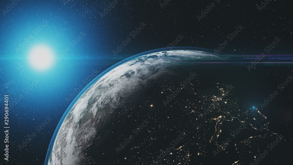Wall mural epic earth rotate sunlight glow starry galaxy. interstellar asteroid deep outer space navigation tra