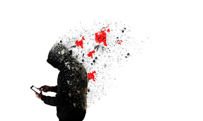 Man in hoodie is looking in the phone. Red dislikes. Social networking addiction. Virtual...