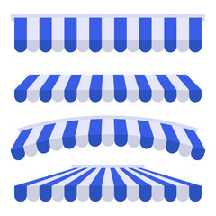 Shop awning tents for window. Outdoor market canopy, vintage store roof. Vector illustration.