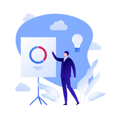 Vector flat business analytics person illustration. Businessman male and chart diagram on board. Concept of marketing, training, brainstorm. Design element for banner, poster, card, flyer, web.