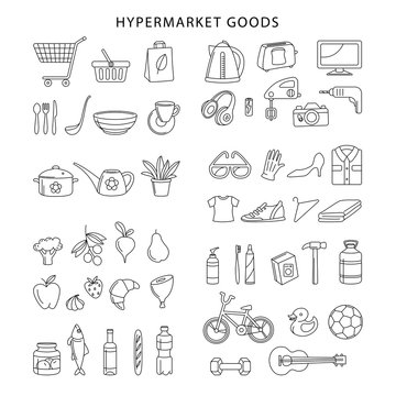 Hypermarket store food, appliances, clothes, toys icons set