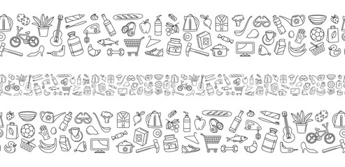 Hypermarket store food, appliances, clothes, toys seamless icons background pattern