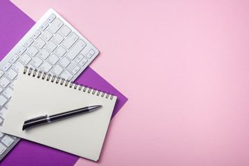 Office desk table with supplies. Flat lay Business workplace and objects. Top view. Copy space for text