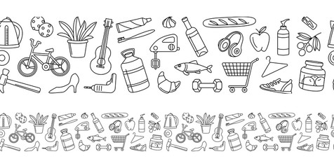Hypermarket store food, appliances, clothes, toys seamless icons background pattern