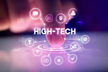 Finger touching tablet with web technology icons and HIGH-TECH inscription, web technology concept