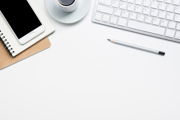 Office desk table with supplies. Flat lay Business workplace and objects. Top view. Copy space for text