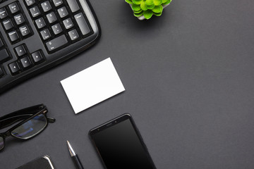 Office desk table with supplies. Flat lay Business workplace and objects. Top view. Copy space for text