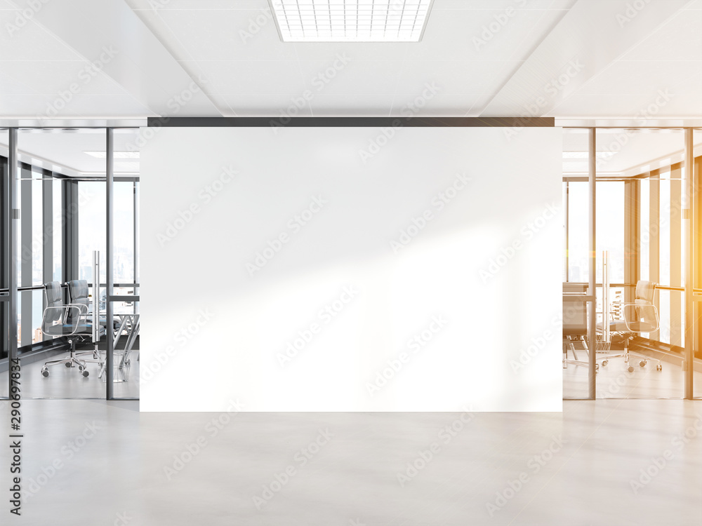 Poster blank white wall in concrete office with large windows mockup 3d rendering