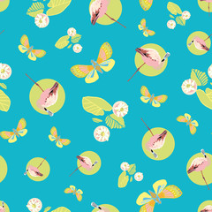 Colorful exotic jungle flamingo pastel seamless summer pattern. Boanical leaf and flamingo bird in pastel green and pink tones. For fashion, fabric, wallpaper, packaging design, stationary.