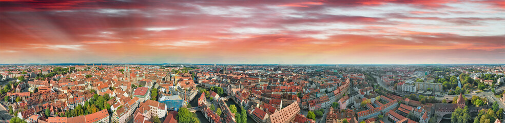 Aerial view of Nuremberg cityscape with river and medieval buildings, Germany