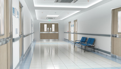 Long hospital bright corridor with rooms and seats 3D rendering