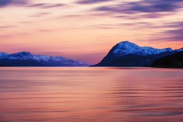 Fototapeta na wymiar Sunset view of mountains in Molde, Norway in the evening at sunset