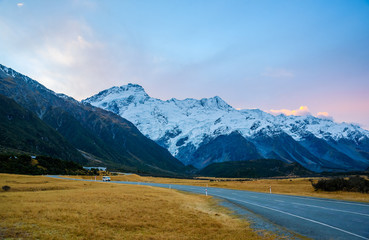 Evening view of Aoraki Mount Cook National Park, South Island, New Zealand