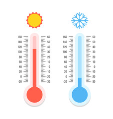 Thermometer and snowflake, sun icons. Celsius and fahrenheit. Measuring hot and cold temperature. Vector illustration.