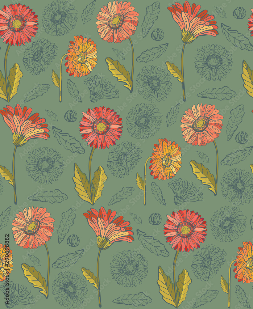Wall mural Seamless pattern of gerbera flowers. Vintage style. Hand-drawn Botanical vector illustration. Good design for printing, postcard, - Wall murals