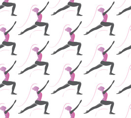 Seamless vector pattern of yoga asanas. Beautiful womans practice yoga exercises in different poses. Stretching exercises, gymnastics. Sports vector illustration 