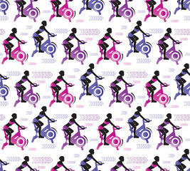 Seamless pattern workout in the gym. Woman trains on a stationary bike. Sports lifestyle. Vector illustration with young girl in flat style