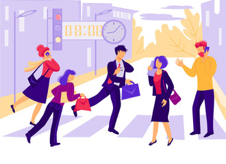 Pedestrians business people walking on city street. Men and women characters hurry at work on cityscape background with crosswalk. Daily lifestyle, morning rush. Cartoon flat vector illustration.