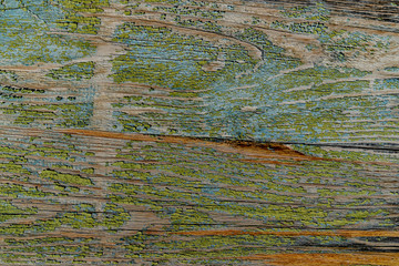 Wooden texture with peeling green and blue paint. Surface with different lines and scuffs