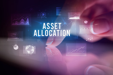 Finger touching tablet with charts and ASSET ALLOCATION inscription, business concept