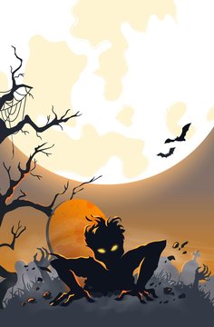 Vector illustration of zombie getting out from tomb. Halloween night background with scary zombie, cemetery, moon, tree, bats.