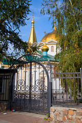 View of the ascension Cathedral through the metal gate.Vertically.