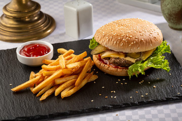 Burger and french fries, food